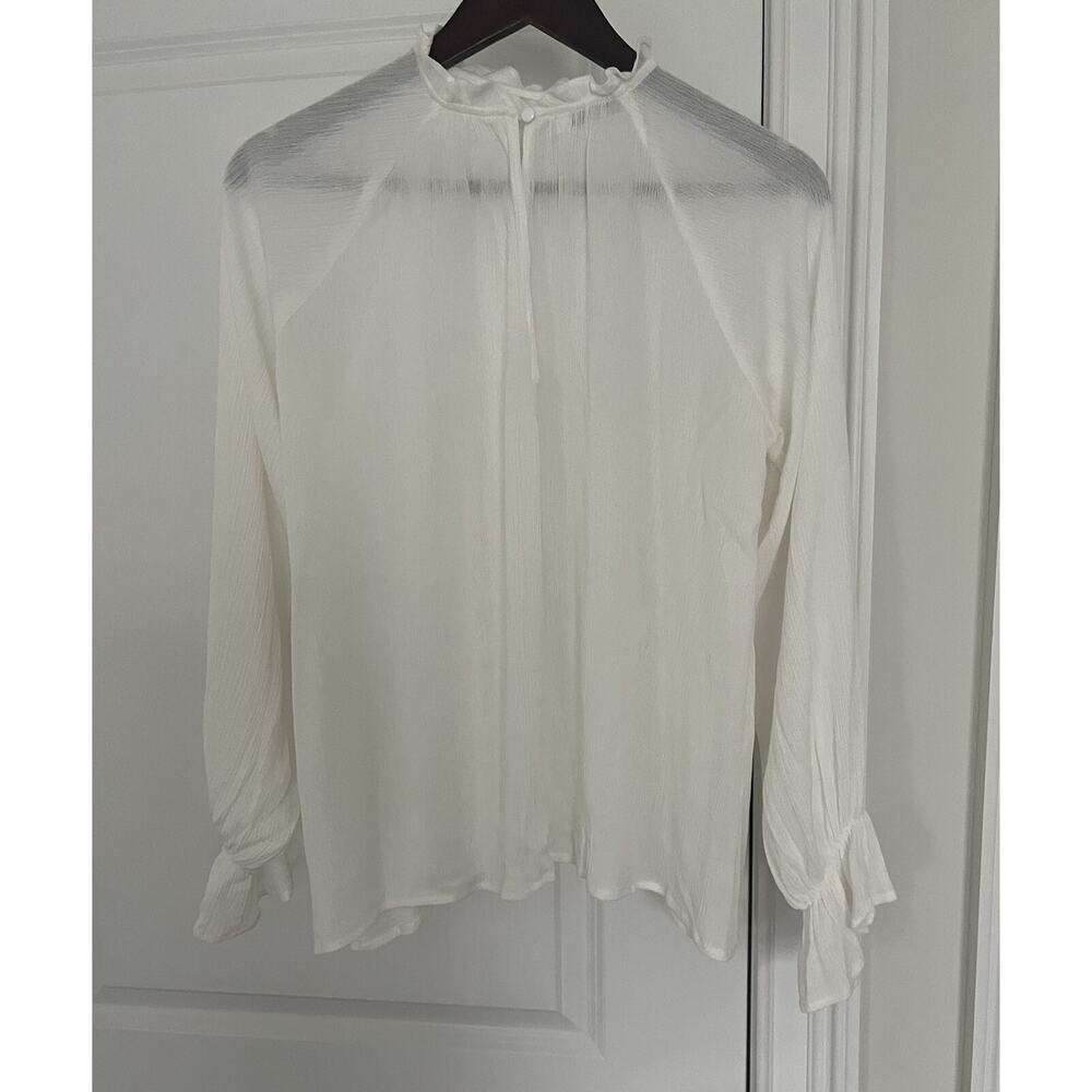 Bishop + Young White Raised Pleated High Neck Long Sleeve Blouse Sz. S sheer
